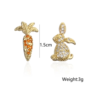 Asymmetric 18K gold plated rabbit and carrot stud earrings with sparkling cubic zirconia