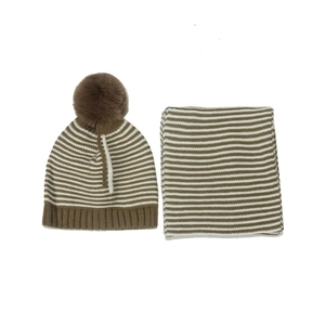 Kids knitted beanie and scarf set with stripes and pom pom for winter warmth