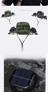 Detail of dual solar panels and integrated cooling fans on camouflage outdoor sun hat