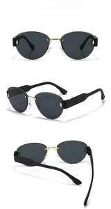 Detail of rimless oval sunglasses with gold hardware and logo-decorated temple