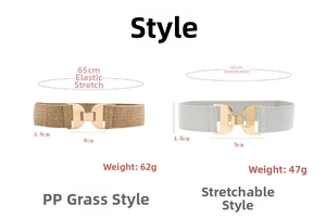 Detail of summer woven waist belts in brown PP straw and grey elastic with gold buckle