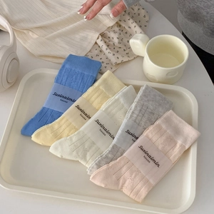 Women Cotton Slouch Socks Sweet Bow Jacquard Breathable Mesh Hollow Ribbed Minimalist Korean Style