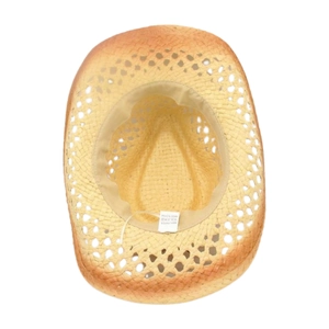 Detail view of woven straw cowboy hat featuring 100% paper mesh and inner sweatband