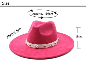 Detail of rose red suede fedora with white leather band, pearls, and size dimensions
