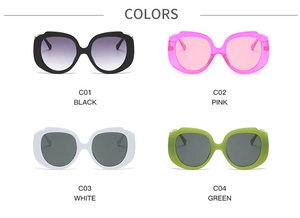 Multiple color options for oversized round sunglasses including black, pink, white, and green