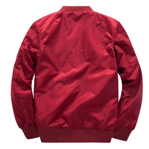 Back view of a red bomber jacket with satin finish and ribbed knit cuffs on white background