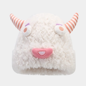 Plush cream monster knit hat with pink striped horns and embroidered cartoon face