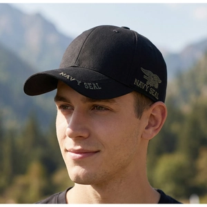 Detail of gray Navy Seal embroidery on high-quality black cotton baseball cap