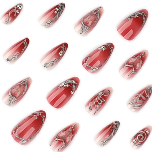 Red and white gradient Y2K long almond press-on nails with silver 3D charms and pearls