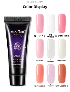 Detailed color swatches of 15ml poly nail gel featuring pink, white and nude tones