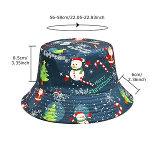 Navy blue Christmas bucket hat with Santa print and detailed sizing measurements