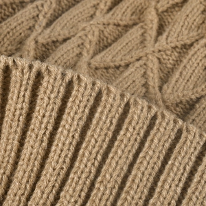 Winter camel ribbed knit hat with pompom featuring thick thermal plush lining