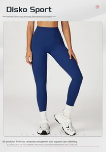 Detail of high-waist navy yoga leggings with elastic compression seams for fitness