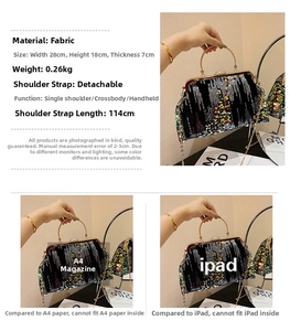 Size comparison of sequin evening bag with iPad, metal handle and chain strap details