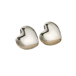 Minimalist silver heart stud earrings with a 3D hollow design and high polish metal finish