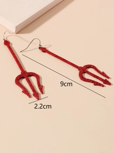 Detailed view of red glitter devil trident earrings with 9cm length measurement labels