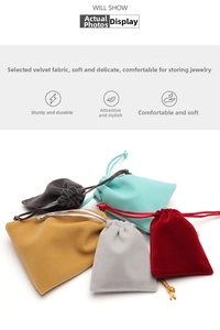 Detailed view of colorful velvet drawstring pouches for jewelry storage and organization