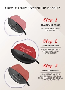 Detail of matte lipstick set showing lip-shaped casing and three velvet shades for easy use
