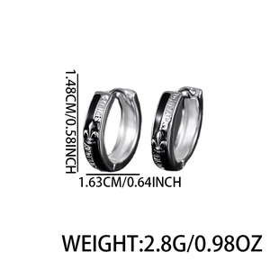 Fleur-de-lis hoop earrings in silver and black finish with SPIRIT engraving details