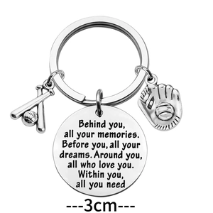 Stainless steel baseball keychain with bat, glove charms and engraved 3cm round pendant