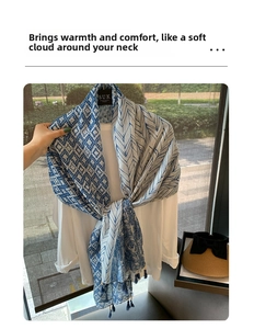 Detail of blue and white geometric feather pattern scarf with dark blue tassels