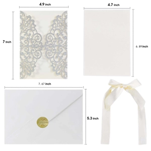 Silver glitter laser-cut invitation set components and precise dimensions layout