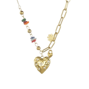 Detail of 14K gold plated necklace with colorful beads and textured heart charm with star inlay