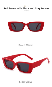 Detail view of red rectangular sunglasses with dark grey UV protective lenses