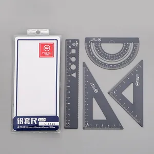 Detail of 4-piece dark grey aluminum alloy ruler set with white scales and plastic case