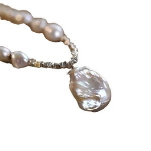 French baroque pearl drop necklace with silver beads and irregular pearl pendant