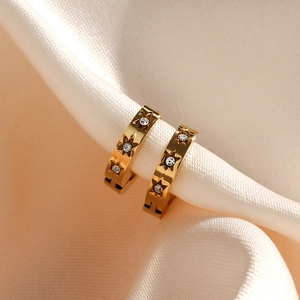 18K gold plated stainless steel star hoop earrings with zircon crystals on silk