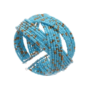 Bohemian multi-layer crisscross beaded open bangle in sky blue and antique gold tones
