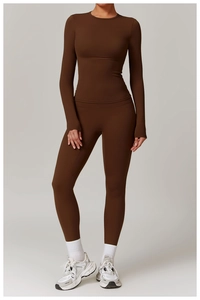 Deep brown long sleeve slim fit yoga set with high waist leggings and brushed fabric texture