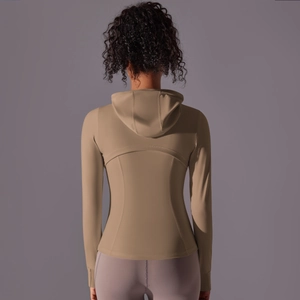 Rear view of slim fit light khaki hooded sun protection jacket with back seam detail
