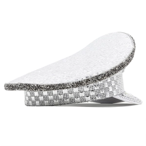 Silver sequin military cap with glitter and rhinestone checkerboard pattern for parties