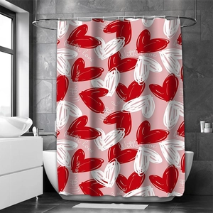 Detail of pink waterproof polyester shower curtain with red heart pattern and Love text