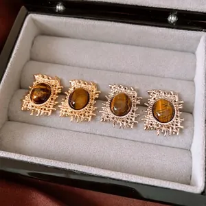 Vintage Oval Tiger's Eye Stud Earrings With 925 Sterling Silver Earring Post Copper Textured Geometric Jewelry For Women