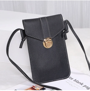 Detail of black PU leather crossbody phone bag featuring a vintage golden clasp and strap
