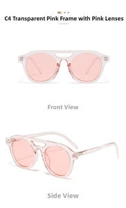 Detail of pink transparent round sunglasses with double bridge and retro frame