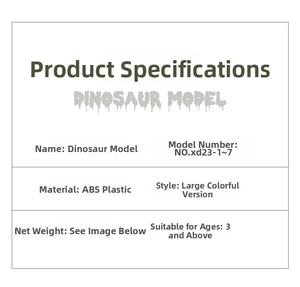 Detailed specifications table for ABS plastic dinosaur toys featuring various models