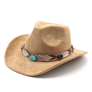 Brown suede bohemian wide brim fedora hat with ethnic woven band and turquoise stone