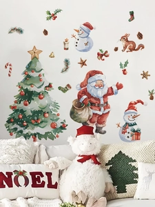 Détail des stickers muraux de Noël avec Père Noël et bonhomme de neige décoratifs
