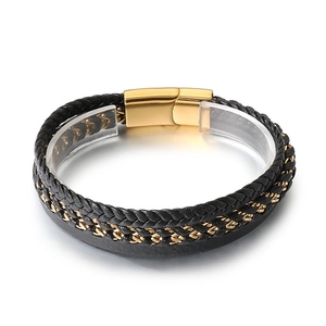 Men's multilayer braided black leather and gold chain bracelet with magnetic clasp