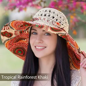 Women's wide brim sun hat with tropical khaki print and breathable straw crown for beach