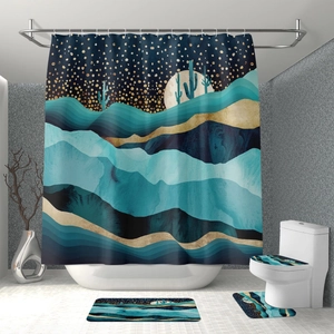 Waterproof polyester shower curtain set with abstract blue mountain and starry sky design