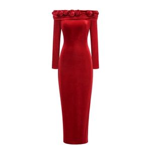 Detailed view of 3D rose decoration on off-shoulder red velvet evening dress