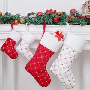 Christmas Stockings Velvet Quilted Diamond Pattern With Gold Sequins And White Faux Fur Cuff Holiday Home Gift Bag