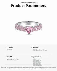 Detailed size parameters for the S925 silver heart ring with pink 5A cubic zirconia