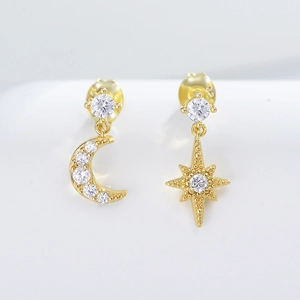 Asymmetric Star And Moon Stud Earrings 925 Sterling Silver Zirconia Inlaid Short Drop Earrings For Women Fashion Jewelry Gift