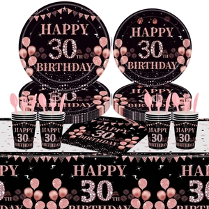 Detail of rose gold and black 30th birthday disposable tableware set with elegant patterns